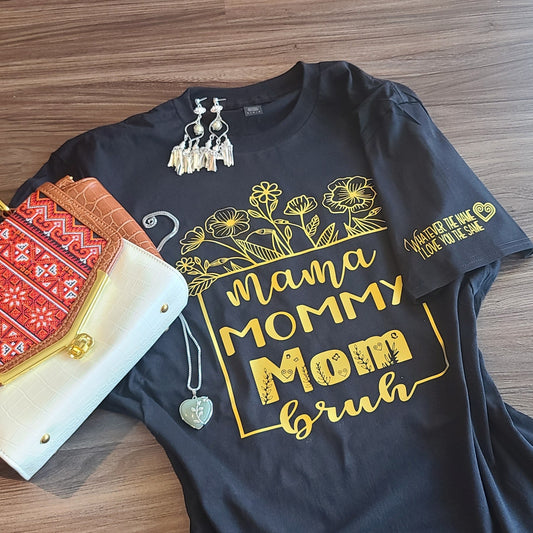 Mama Mommy Mom Bruh Floral Line Art - Gold Tee