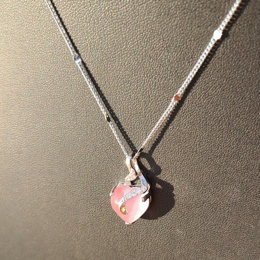Rose Quartz Diamond Heart - 925 Sterling Silver, Hypoallergenic